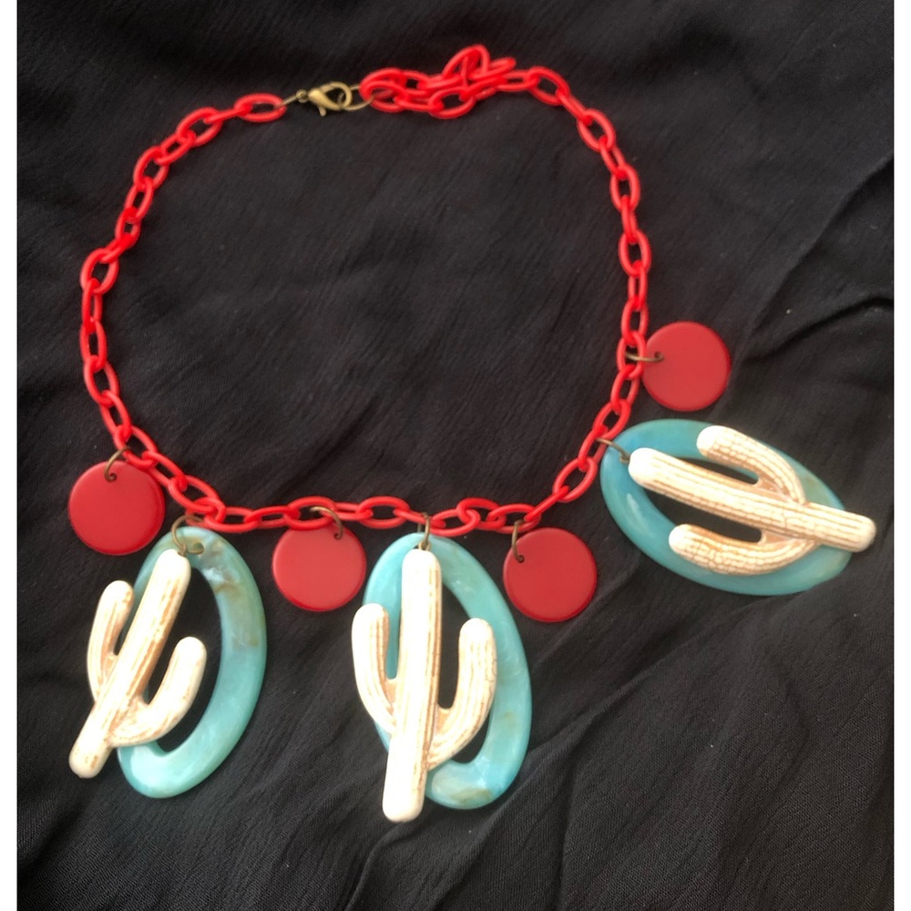Luxulite Red and Turquoise Cactus Statement Necklace Vintage Style